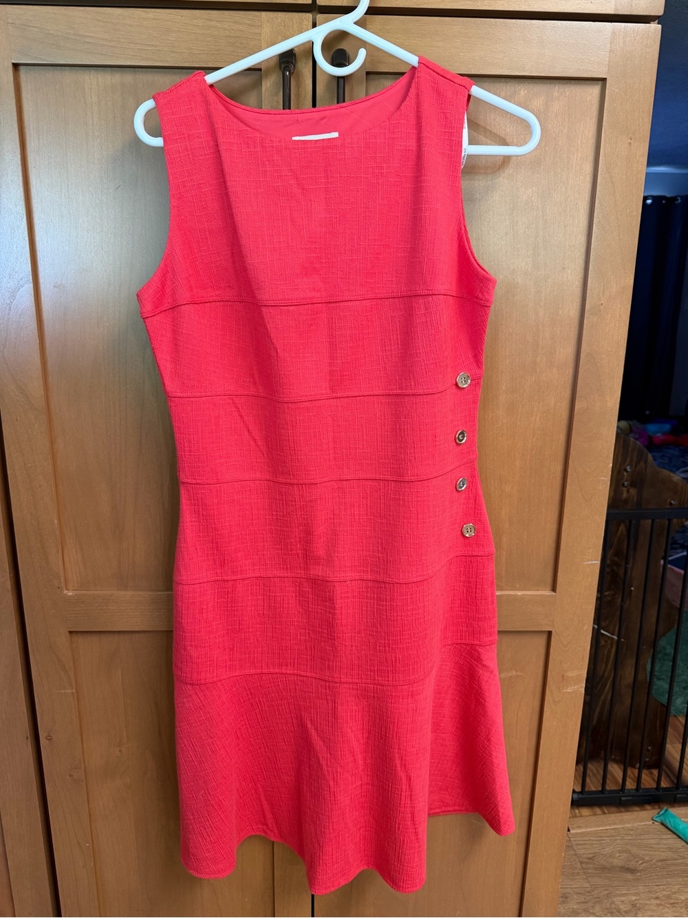 Enfocus Studio Coral-Red Sleeveless Textured A-Line Dress with Side Buttons